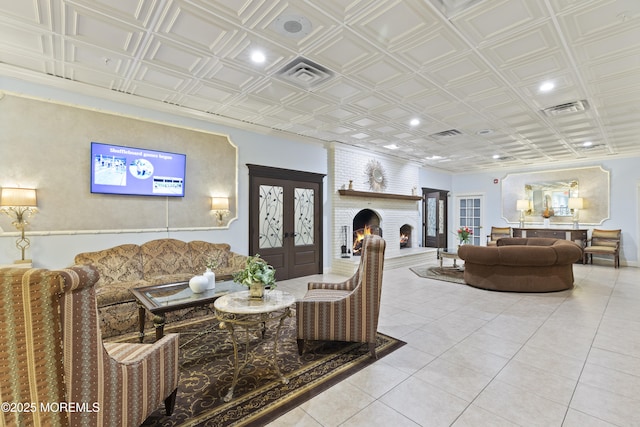 12 Weston Ct, Marlboro, NJ 07746 - tiled living area featuring a fireplace, an ornate ceiling, french doors, and recessed lighting