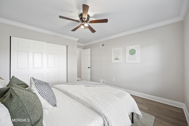 12 Weston Ct, Marlboro, NJ 07746 - bedroom featuring crown molding, dark wood-style floors, a closet, and ceiling fan