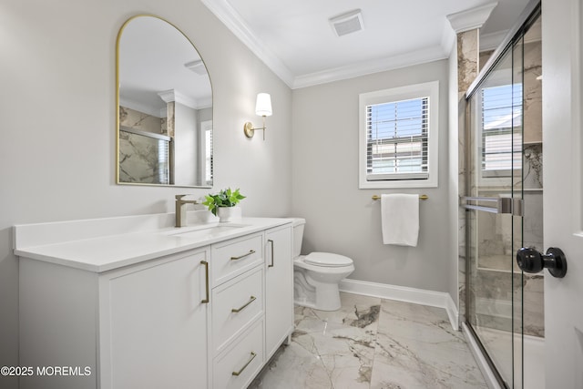 12 Weston Ct, Marlboro, NJ 07746 - full bath with crown molding, vanity, a marble finish shower, and marble finish flooring