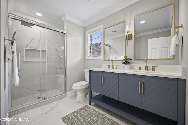 12 Weston Ct, Marlboro, NJ 07746 - bathroom with marble finish floors, double vanity, a marble finish shower, crown molding, and recessed lighting