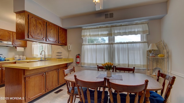 20 Kenwood Ln, Old Bridge, NJ 08857 - kitchen with under cabinet range hood, brown cabinets, a peninsula, and healthy amount of natural light