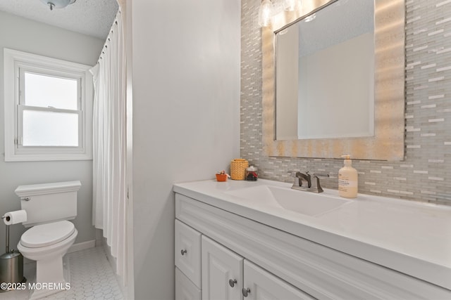 102 Oak Glen Rd, Toms River, NJ 08753 - bathroom featuring vanity, tile patterned flooring, curtained shower, and decorative backsplash