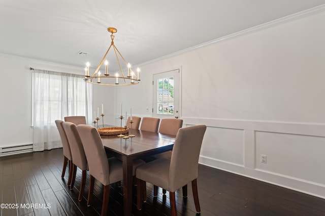 102 Oak Glen Rd, Toms River, NJ 08753 - dining area with a chandelier, ornamental molding, dark wood finished floors, a baseboard heating unit, and a wainscoted wall