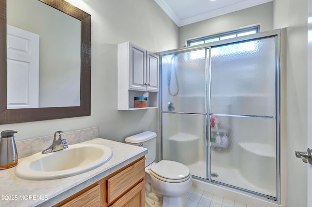 43 Westport Dr, Barnegat, NJ 08005 - full bath featuring a stall shower, crown molding, vanity, and tile patterned flooring