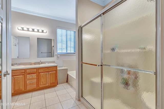 43 Westport Dr, Barnegat, NJ 08005 - bathroom with ornamental molding, a garden tub, tile patterned floors, double vanity, and a stall shower