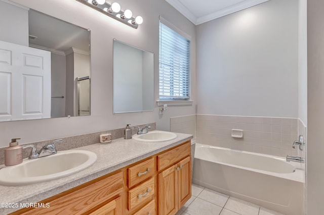 43 Westport Dr, Barnegat, NJ 08005 - bathroom with tile patterned floors, double vanity, a bath, and ornamental molding