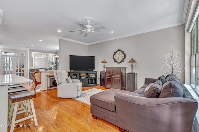 43 Westport Dr, Barnegat, NJ 08005 - living area with a ceiling fan, ornamental molding, recessed lighting, and light wood-style flooring