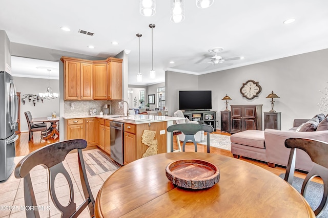 43 Westport Dr, Barnegat, NJ 08005 - dining area featuring ornamental molding, ceiling fan, recessed lighting, a chandelier, and light tile patterned floors