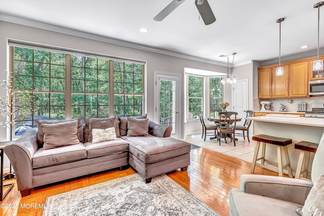 43 Westport Dr, Barnegat, NJ 08005 - living room with a ceiling fan, ornamental molding, light wood-style floors, and recessed lighting