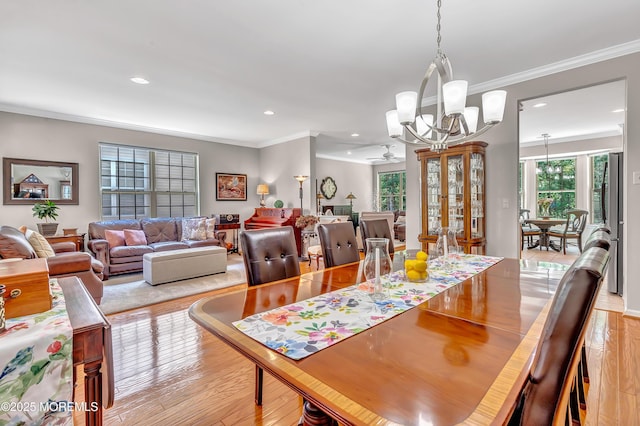 43 Westport Dr, Barnegat, NJ 08005 - dining space with recessed lighting, ornamental molding, light wood-type flooring, a chandelier, and a ceiling fan