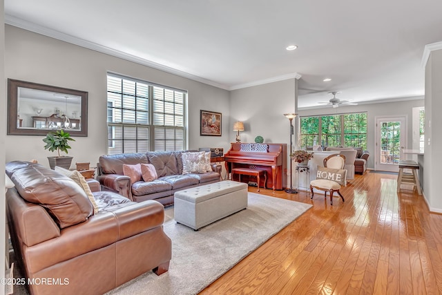 43 Westport Dr, Barnegat, NJ 08005 - living room featuring hardwood / wood-style flooring, crown molding, ceiling fan, and recessed lighting