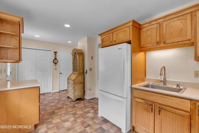833 Lincoln St, Red Bank, NJ 07701 - kitchen with freestanding refrigerator, recessed lighting, light countertops, open shelves, and light flooring