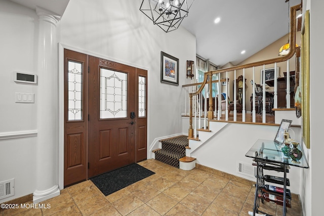 3 Sudbury Rd, Morganville, NJ 07751 - entryway with stairs, lofted ceiling, stone finish flooring, and a chandelier