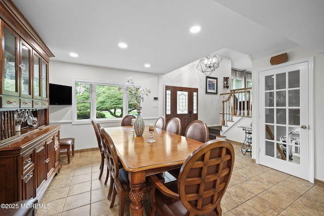3 Sudbury Rd, Morganville, NJ 07751 - dining area featuring stairs, a chandelier, and recessed lighting