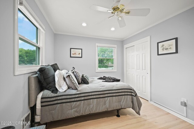 3 Sudbury Rd, Morganville, NJ 07751 - bedroom featuring ornamental molding, wood finished floors, recessed lighting, a closet, and a ceiling fan