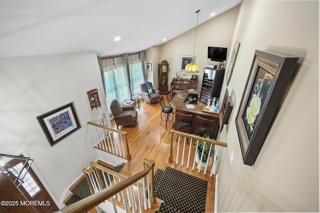 3 Sudbury Rd, Morganville, NJ 07751 - stairway with lofted ceiling, wood finished floors, and recessed lighting