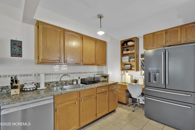405 Orange Ave, Union Beach, NJ 07735 - kitchen with stainless steel appliances, light tile patterned flooring, backsplash, and an office area