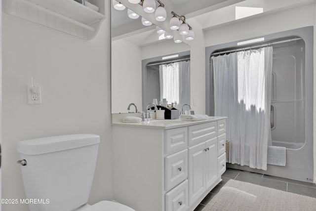 405 Orange Ave, Union Beach, NJ 07735 - full bath featuring double vanity, shower / bathtub combination with curtain, and tile patterned floors