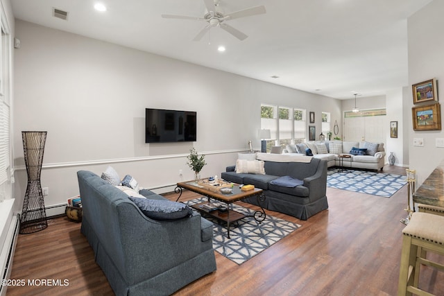 1 Silverspring Dr, Lakewood, NJ 08701 - living room with ceiling fan, wood finished floors, recessed lighting, and a baseboard radiator