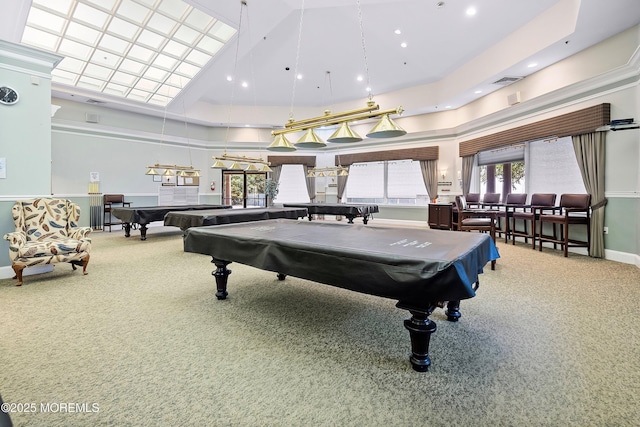 1 Silverspring Dr, Lakewood, NJ 08701 - rec room with carpet floors, pool table, a towering ceiling, and recessed lighting