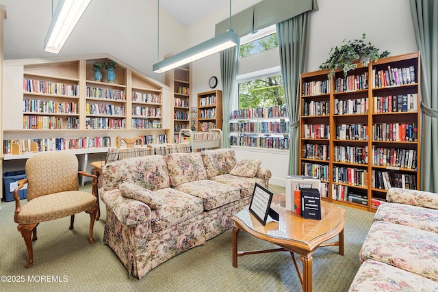 1 Silverspring Dr, Lakewood, NJ 08701 - sitting room featuring wall of books, carpet floors, built in shelves, and high vaulted ceiling
