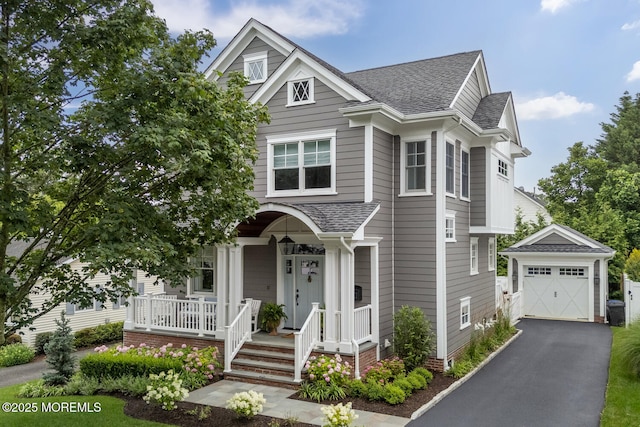29 Allen St, Rumson, NJ 07760 - view of front of home featuring covered porch, a shingled roof, an outbuilding, driveway, and a garage