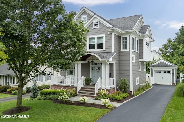 29 Allen St, Rumson, NJ 07760 - view of front of home featuring a porch, a shingled roof, asphalt driveway, an outbuilding, and a detached garage