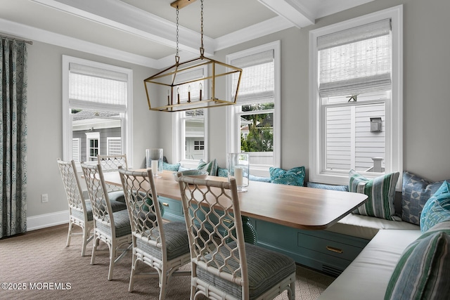 29 Allen St, Rumson, NJ 07760 - carpeted dining space featuring breakfast area, healthy amount of natural light, ornamental molding, and beam ceiling
