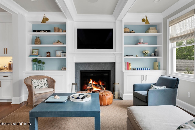 29 Allen St, Rumson, NJ 07760 - living area featuring a fireplace, dark wood finished floors, and built in shelves
