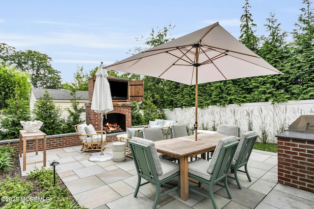 29 Allen St, Rumson, NJ 07760 - view of patio featuring an outdoor brick fireplace and outdoor dining area