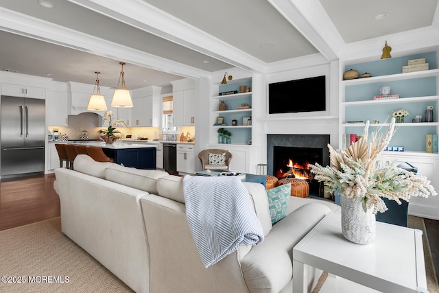 29 Allen St, Rumson, NJ 07760 - living area with beam ceiling, a premium fireplace, wood finished floors, and recessed lighting