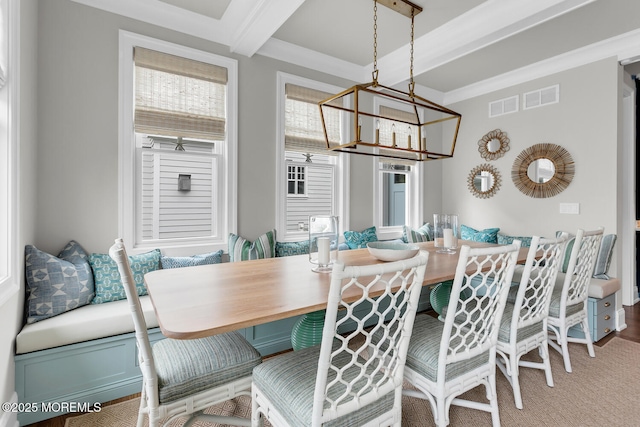 29 Allen St, Rumson, NJ 07760 - dining space featuring breakfast area, a chandelier, beam ceiling, and coffered ceiling