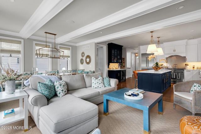 29 Allen St, Rumson, NJ 07760 - living area with beam ceiling, a chandelier, and dark wood-style floors