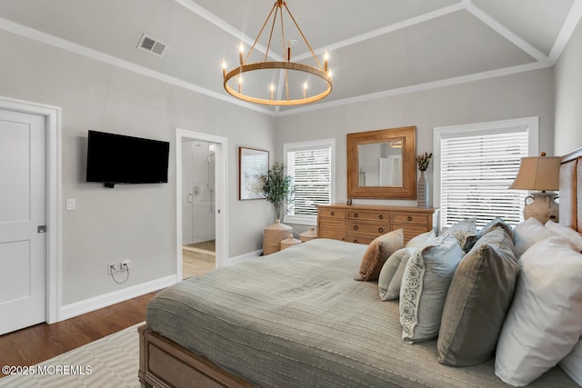 29 Allen St, Rumson, NJ 07760 - bedroom featuring wood finished floors, a chandelier, ornamental molding, ensuite bathroom, and vaulted ceiling