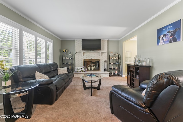 623 Forecastle Ave, Beachwood, NJ 08722 - living area featuring carpet flooring, ornamental molding, a fireplace, and a bar