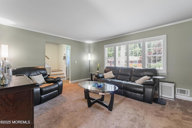 623 Forecastle Ave, Beachwood, NJ 08722 - carpeted living room with ornamental molding and stairs