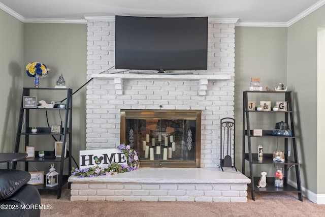 623 Forecastle Ave, Beachwood, NJ 08722 - living room with a fireplace, carpet, and crown molding