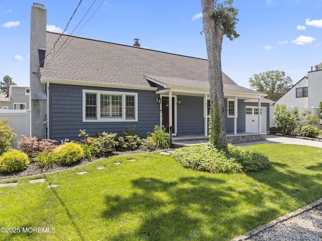 623 Forecastle Ave, Beachwood, NJ 08722 - view of front facade featuring a chimney, covered porch, driveway, a front yard, and an attached garage