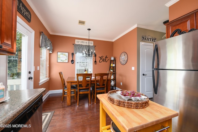 201 Riviera Dr, Toms River, NJ 08753 - dining space featuring a chandelier, dark wood-style floors, and ornamental molding