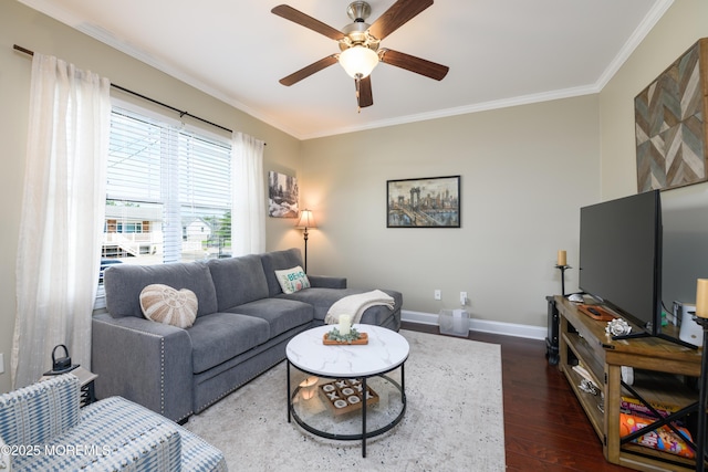 201 Riviera Dr, Toms River, NJ 08753 - living area with ornamental molding, a ceiling fan, and dark wood-type flooring