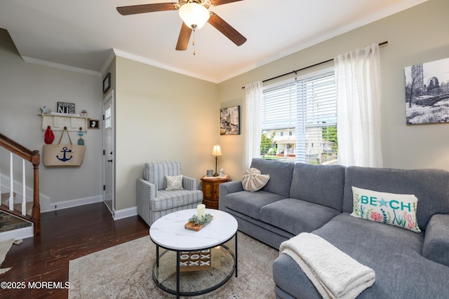 201 Riviera Dr, Toms River, NJ 08753 - living area featuring crown molding, wood finished floors, stairs, and ceiling fan