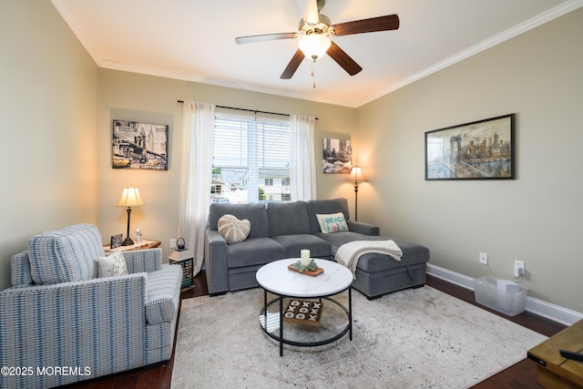 201 Riviera Dr, Toms River, NJ 08753 - living room featuring a ceiling fan, ornamental molding, and wood finished floors