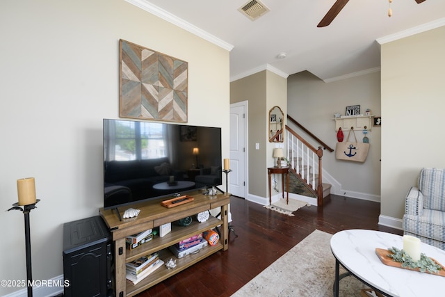 201 Riviera Dr, Toms River, NJ 08753 - living area with a ceiling fan, ornamental molding, stairway, and wood finished floors