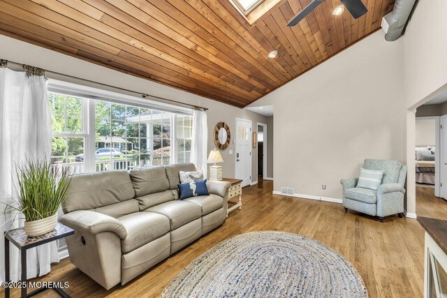 208 Chatham Ln, Point Pleasant, NJ 08742 - living room with ceiling fan, vaulted ceiling, wood finished floors, a skylight, and wood ceiling