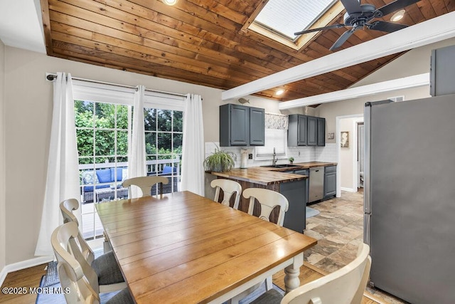 208 Chatham Ln, Point Pleasant, NJ 08742 - dining room featuring a ceiling fan, a wooden ceiling with exposed beams, and a skylight