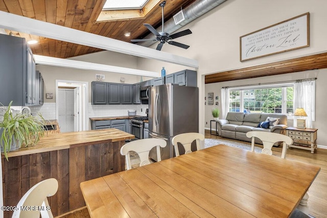 208 Chatham Ln, Point Pleasant, NJ 08742 - dining room with light wood finished floors, ceiling fan, a wooden ceiling with exposed beams, a skylight, and high vaulted ceiling