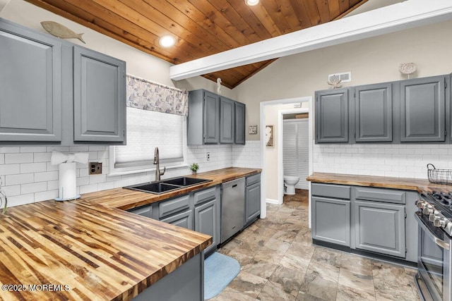 208 Chatham Ln, Point Pleasant, NJ 08742 - kitchen featuring wood counters, appliances with stainless steel finishes, wood ceiling, gray cabinets, and lofted ceiling
