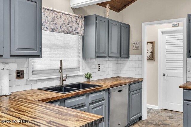 208 Chatham Ln, Point Pleasant, NJ 08742 - kitchen with wooden counters, dishwasher, gray cabinets, decorative backsplash, and wood ceiling