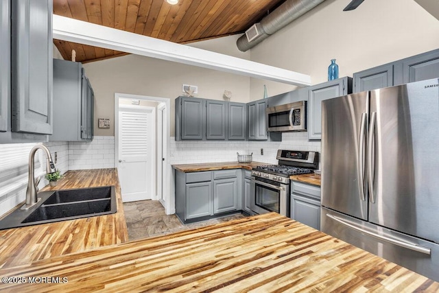 208 Chatham Ln, Point Pleasant, NJ 08742 - kitchen featuring stainless steel appliances, wooden counters, gray cabinets, vaulted ceiling, and backsplash