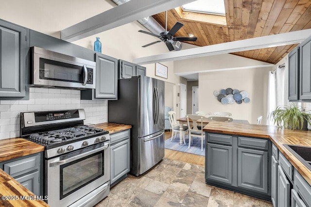 208 Chatham Ln, Point Pleasant, NJ 08742 - kitchen featuring wood counters, appliances with stainless steel finishes, gray cabinets, wood ceiling, and vaulted ceiling